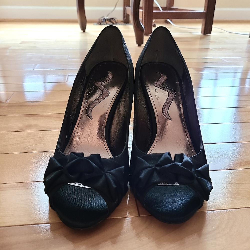 Nina's Shoes Black Royal Satin Peep Toe Heels